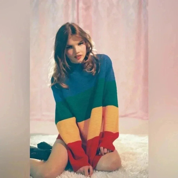 UNIF Women's Small Crayola Sweater Stripe Primary Color Block Mock Neck Emma Cha - Picture 2 of 16